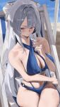  1girl absurdres alternate_costume bare_shoulders bikini blue_bikini blush breasts closed_mouth collarbone commentary_request day grey_hair hand_fan highres holding holding_fan large_breasts long_hair looking_at_viewer mole mole_under_mouth nekoshima_kaede outdoors pointy_ears purple_eyes sitting smile solo swimsuit thighs velina_airgid zenless_zone_zero 