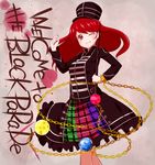  alternate_costume alternate_headwear baton chain collar earth_(ornament) english grin hat hecatia_lapislazuli highres long_hair moon_(ornament) multicolored multicolored_clothes multicolored_skirt my_chemical_romance one_eye_closed red_eyes red_hair rie-co shirt skirt smile solo the_black_parade_(album) touhou 