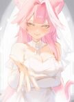  1girl animal_ears bare_shoulders blush breasts chocomint24801 cleavage closed_mouth collar commentary dress english_commentary hair_intakes highres hololive hololive_english jewelry large_breasts long_hair long_sleeves looking_at_viewer multicolored_hair panther_ears panther_girl panther_tail pink_hair pink_tail raora_panthera ring smile solo streaked_hair tail two-tone_hair virtual_youtuber white_collar white_dress yellow_eyes 