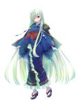  1girl dairoku_ryouhei flower frills full_body geta green_hair hair_flower hair_ornament hair_over_one_eye highres japanese_clothes kimono long_hair obi pale_skin ranuki red_eyes sash simple_background sophia_garland transparent_background very_long_hair yukata 
