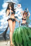  2girls absurdres agnes_tachyon_(lunatic_lab)_(umamusume) agnes_tachyon_(umamusume) ahoge anger_vein animal_ears arms_up bare_shoulders bikini black_bikini black_hair blindfold blue_sky blush breasts brown_hair cleavage closed_eyes closed_mouth cloud commentary_request criss-cross_halter flip-flops food fruit gloves hair_between_eyes halterneck highres holding holding_stick horse_ears horse_girl horse_tail jewelry leather_wrist_straps long_hair manhattan_cafe_(the_bubbles_that_i_see_with_you)_(umamusume) manhattan_cafe_(umamusume) medium_breasts multicolored_hair multiple_girls navel official_alternate_costume official_alternate_hairstyle open_clothes open_fly open_mouth open_shorts outdoors sandals sasami_oishine shorts single_glove sky small_breasts smile spoken_anger_vein stick stomach suikawari swimsuit tail torn_clothes torn_shorts umamusume unworn_blindfold watermelon yellow_eyes 