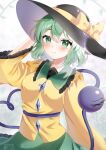  1girl arm_behind_head black_hairband blush bow closed_mouth commentary_request disembodied_linked_eye dnrnak floral_print green_eyes green_hair green_skirt hairband hat hat_bow highres komeiji_koishi long_sleeves looking_at_viewer rose_print shirt short_hair skirt smile solo touhou upper_body yellow_bow yellow_shirt 