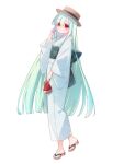  1girl bulge dairoku_ryouhei full_body geta green_hair hat highres japanese_clothes kimono long_hair nogi_(noooog) obi pale_skin red_eyes sash simple_background sophia_garland transparent_background very_long_hair yukata 