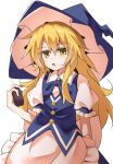  1girl apron back_bow blonde_hair blue_bow blue_bowtie blue_hat blue_skirt blue_vest bow bowtie collared_shirt hat highres holding hopeless_masquerade ishijogahara kirisame_marisa long_hair looking_at_viewer mini-hakkero official_alternate_costume open_mouth puffy_short_sleeves puffy_sleeves shirt short_sleeves simple_background skirt solo touhou vest waist_apron white_apron white_background white_bow white_shirt witch_hat yellow_eyes 