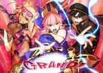  1boy 2girls agejo_gyaru animal_ear_fluff animal_ears black_hat black_jacket black_sailor_collar blonde_hair blue_kimono bow breasts brown_eyes brown_hair cleavage commentary dark-skinned_female dark_skin fate/grand_order fate_(series) fox_ears fox_girl fox_tail grand_servant_(fate/grand_order) gyaru hair_bow hat jacket japanese_clothes kimono kishinami_hakuno_(male) kishinami_hakuno_(male)_(mooncancer) large_breasts long_hair long_sleeves looking_at_viewer military_hat multiple_girls official_artist_extra open_mouth peaked_cap pink_hair ribbon sailor_collar shirt short_hair smile split_ponytail suiten_nikkou_amaterasu_yanoshisu_ishi suzuka_gozen_(fate) suzuka_gozen_(swimsuit_rider)_(fate) tail takenoko_seijin tamamo_no_mae_(fate) tan yellow_eyes 
