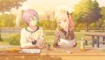  1boy 1other :d akiyama_mizuki aqua_streaks black_ribbon blurry blurry_background bokeh bottle brown_dress closed_mouth coffee_mug collarbone colorful_palette cup depth_of_field dot_nose double-parted_bangs dress drill_hair drill_ponytail drill_sidelocks eraser evening game_asset hair_between_eyes hair_ribbon high_side_ponytail highres holding holding_paper holding_pen juliet_sleeves kamishiro_rui kimi_no_tonari_kimi_to_miru_ashita_(project_sekai) long_hair long_sidelocks long_sleeves looking_at_another mug multicolored_hair multicolored_shirt neck_ribbon official_alternate_costume official_alternate_hair_ornament official_art open_mouth outdoors paper pen pencil_case pink_eyes pink_hair ponytail project_sekai puffy_sleeves purple_hair ribbon shirt short_hair side_ponytail sidelocks sitting smile split_mouth streaked_hair table third-party_source tree upper_body white_shirt yellow_eyes 