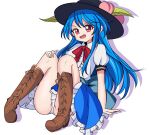  1girl black_hat blue_hair blue_skirt boots bow bowtie brown_shoes commentary frilled_skirt frills full_body hat highres hinanawi_tenshi long_hair open_mouth panties peach_hat_ornament raincoat_th13 red_bow red_bowtie red_eyes shirt shoes short_sleeves sidelocks simple_background skirt solo touhou underwear white_background white_panties white_shirt 