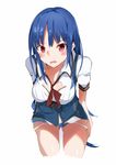  bent_over blue_hair blush breasts cleavage highres hinanawi_tenshi long_hair looking_at_viewer medium_breasts no_hat no_headwear open_mouth panties panty_pull red_eyes ribbon shirt short_sleeves simple_background skirt solo tetsurou_(fe+) touhou underwear white_background 