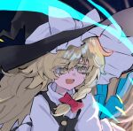  1girl black_hat black_vest blonde_hair bow braid commentary_request hair_bow hat hat_bow kirisame_marisa long_hair open_mouth protectload red_bow side_braid single_braid smile solo touhou vest white_bow witch_hat yellow_eyes 