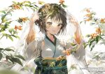  1girl anmi artist_name blush brown_hair copyright_notice eshi_100_nin_ten leaf looking_at_viewer obi original sash smile solo tongue translation_request white_sleeves wide_sleeves yellow_eyes 