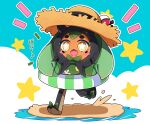  :d blue_background blush_stickers commentary_request fangs full_body hat highres innertube milkpanda no_humans notice_lines ogerpon open_mouth outline poke_ball pokemon pokemon_(creature) pokemon_focus smile solo standing standing_on_one_leg star_(symbol) straw_hat sun_hat swim_ring thick_eyebrows two-tone_background white_background white_outline 