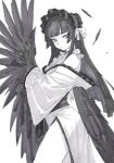  1girl absurdres bare_shoulders bird_girl bird_wings black_feathers blunt_bangs bonnet check_copyright copyright_request feathered_wings feathers frilled_bonnet frills greyscale highres hime_cut japanese_clothes long_hair looking_at_viewer mole mole_under_eye monochrome original plamja_jukov ribbon sidelocks sketch white_background winged_arms wings 