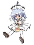  &gt;_&lt; :t blowing blue_hair chibi closed_eyes commentary_request dress hat highres instrument juliet_sleeves koissa long_sleeves merlin_prismriver puffy_sleeves short_hair solo thighhighs touhou trumpet white_background white_dress white_legwear 