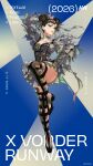  1girl absurdres arm_up black_flower black_hair black_shoes breasts brown_eyes character_name choker chun-li collarbone commentary_request copyright_name double_bun flower frills full_body hair_bun hair_flower hair_ornament high_heels highres large_breasts lipstick long_sleeves looking_at_viewer makeup mika_pikazo parted_lips second-party_source shoes solo standing standing_on_one_leg street_fighter thighs x_vorder_runway 