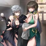  1boy 2girls absurdres age_difference armpit_crease bare_shoulders between_breasts black_dress black_gloves black_hair black_survival blush breast_smother breasts brown_hair cleavage clover-shaped_pupils commentary_request cup dress drinking_glass elbow_gloves eternal_return:_black_survival face_between_breasts face_to_breasts geah gloves green_dress green_eyes grey_eyes grey_shirt hair_ornament hand_on_another's_head haze_(black_survival) head_between_breasts hetero highres holding holding_cup hug huge_breasts indoors korean_commentary large_breasts long_hair looking_at_another looking_down looking_up multiple_girls official_alternate_costume onee-shota open_mouth shirt short_hair sidelocks sleeveless sleeveless_dress smile standing sua_(1st_anniversary)_(black_survival) sua_(black_survival) symbol-shaped_pupils tearing_up wine_glass 