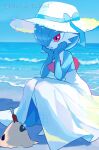  1girl :o alternate_color artist_name beach blue_background blue_bow blue_hair blue_ribbon blue_skin blue_theme blurry blurry_background bob_cut bow clothed_pokemon colored_skin commentary day flat_chest full_body gardevoir hair_over_one_eye hands_on_own_chin hat hat_bow hat_ribbon highres horizon implied_pantyshot multicolored_skin nikoru one_eye_covered open_mouth outdoors pokemon pokemon_(creature) red_eyes ribbon sandygast shiny_pokemon short_hair signature solo_focus squatting straw_hat sun_hat twitter_username two-tone_skin white_hat white_skin 