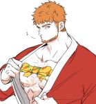  1boy bara bare_pectorals beard chinstrap_beard facial_hair green_eyes hebaron_nirta highres large_pectorals male_focus mature_male muscular muscular_male nipples orange_hair pectorals santa_costume sharks_line3 short_hair sideburns_stubble sideways_glance simple_background solo sparse_chest_hair stubble superman_exposure thick_eyebrows under_the_oak_tree undressing upper_body wavy_hair whistling 