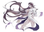  1girl absurdres aizen_sousuke bleach breasts bright_pupils brown_hair colored_sclera commentary_request cropped_legs dress feet_out_of_frame floating_clothes floating_hair genderswap genderswap_(mtf) hair_between_eyes hair_slicked_back hands_up highres holding holding_sword holding_weapon katana korean_commentary large_breasts leotard lips long_hair long_sleeves looking_at_viewer losloslaus orange_dress parted_lips purple_sclera revision simple_background smile smirk solo standing sword v-shaped_eyebrows very_long_hair weapon white_background white_dress white_leotard white_pupils 