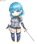  1girl absurdres armor artist_name belt belt_buckle black_gloves black_shirt blue_eyes blue_hair blue_thighhighs blush boobplate boots breastplate brown_belt brown_gloves brown_skirt buckle chibi commission commissioner_upload fingerless_gloves full_body gloves half_updo highres holding holding_sword holding_weapon looking_at_viewer lori_hagami miniskirt official_art open_mouth parted_lips pauldrons pleated_skirt shirt short_hair short_sleeves shoulder_armor simple_background skirt solo standing sword thighhighs thighs tiamat_(ways_of_darkness) ways_of_darkness_(series) weapon white_background white_skirt zettai_ryouiki 
