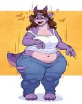 2026 3_toes anthro barefoot bottomwear breasts brown_hair claws clothing digital_media_(artwork) feet female finger_claws fingers fwingerz hair height_reduction horn interrobang kobold mythological_creature mythological_scalie mythology navel pants purple_body purple_scales scales scalie shirt shrinking simple_background size_transformation skindentation slightly_chubby solo standing tail tank_top toe_claws toes topwear transformation white_clothing white_shirt white_tank_top white_topwear wide_hips