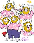  2boys arm_up artist_name asgore_dreemurr asriel_dreemurr beard blonde_hair carrying chicken_little commentary english_commentary facial_hair floppy_ears furry furry_male goat_horns green_sweater hand_in_pocket horns looking_at_another looking_at_viewer male_focus multiple_boys notice_lines open_mouth parody pink_shirt red_soul_(utdr) rei_(01_reihanehdraw) shirt shoulder_carry signature smile soul_(utdr) sparkle style_parody sweater thumbs_up utdr_(toby_fox) white_fur 