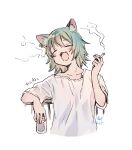  1_z_9 1girl :3 against_railing animal_ears artist_name blush cat_ears cat_girl cigarette closed_eyes commentary_request copyright_name cropped_torso exhaling_smoke fang green_hair highres holding holding_cigarette holding_jar jar medium_hair off_shoulder open_mouth railing shirt short_sleeves simple_background smile smoking solo t-shirt twitter_username upper_body white_background white_shirt yani_neko yani_neko_(yani_neko) 