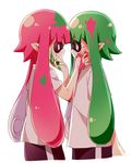  eye_contact green_eyes green_hair hand_on_another's_cheek hand_on_another's_face highres ink ink_on_face inkling looking_at_another mask multiple_girls namori open_mouth pink_hair red_eyes shirt simple_background splatoon_(series) splatoon_1 t-shirt tentacle_hair white_background white_shirt yuri 