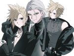  arm_around_shoulder belt_buckle black_choker black_gloves black_jacket blonde_hair blue_eyes braid buckle choker closed_mouth cloud_strife cloud_strife_(urban_wolf) commentary_request dissidia_duellum_final_fantasy dissidia_final_fantasy earrings fenrir_(ff7) final_fantasy final_fantasy_vii finger_claws gloves green_eyes grey_hair grey_shirt hair_between_eyes highres jacket jacket_partially_removed jewelry kiliko-san multiple_views necklace o-ring o-ring_choker parted_bangs prototype_design sephiroth shirt single_braid single_earring sleeveless sleeveless_shirt slit_pupils smile upper_body white_background yaoi 