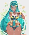  1girl absurdres black_panties blue_eyes blue_hair bottomless bracelet breasts cleavage commentary_request dark-skinned_female dark_skin esmeralda_(fire_emblem) fire_emblem fire_emblem:_fortune's_weave grin hair_ornament hand_on_own_chest highres jewelry large_breasts long_hair norishiitsu panties ponytail simple_background smile solo thick_thighs thighs underwear wide_hips 