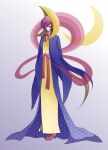  1girl absurdres commentary_request crescent cresselia full_body gekka_kemono gloves hat high_heels highres japanese_clothes kimono personification pink_gloves pink_hair pink_shoes pokemon red_eyes shoes simple_background solo standing white_background wide_sleeves yellow_hat 