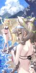  2girls absurdres ahoge animal_ears anklet ball bandaid bandaid_on_knee bandaid_on_leg beach beachball bikini black_bikini blonde_hair blue_archive blue_hair blue_sky bracelet braid breasts brown_hair cloud commentary_request eyewear_on_head fang flower fox_ears fox_girl frilled_bikini frills green_eyes green_halo hair_flower hair_ornament halo herakuchi highres holding holding_ball holding_beachball jewelry kurumi_(blue_archive) kurumi_(c108_swimsuit)_(blue_archive) looking_back mountainous_horizon multiple_girls nape navel ocean one_eye_closed open_mouth orange_bikini otogi_(blue_archive) otogi_(c108_swimsuit)_(blue_archive) outdoors sand sandals side_ponytail skin_fang sky small_breasts sunglasses swimsuit twin_braids visor_cap 