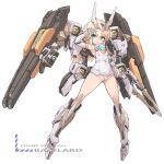  1girl :o armpits baselard black_pantyhose blonde_hair cameltoe character_name commentary_request copyright_name covered_groin covered_navel elbow_gloves floating_hair frame_arms_girl full_body gloves green_eyes headgear highres horns karukan_(monjya) leotard long_hair looking_at_viewer mecha_musume mechanical_horns mechanical_wings megami_device open_mouth pantyhose petite sidelocks simple_background skin_tight solo tachi-e v watermark white_background white_gloves white_leotard wings 