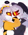  1boy ? black_jacket grey_hair hairband hat highres humanoid_robot j_(murder_drones) jacket long_hair mechanical_arms murder_drones n_(murder_drones) robot sd_annii short_hair short_sleeves speech_bubble twintails white_hair yellow_eyes 