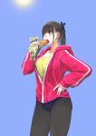  1girl black_hair black_pants black_ribbon blue_sky breasts brown_eyes cleavage collarbone commentary_request cowboy_shot day earbuds earphones eating eyelashes food from_side hair_ribbon hand_on_own_hip hand_up highres holding holding_food holding_sandwich hood hooded_jacket jacket jun_(navigavi) large_breasts long_hair long_sleeves looking_to_the_side nose open_mouth original outdoors pants partially_unzipped pink_jacket ponytail revision ribbon round_teeth sandwich scoop_neck shirt sidelocks simple_background sky solo standing subway_(company) sun sweat teeth upper_teeth_only wet wireless_earphones yellow_shirt 