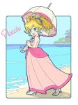  1girl absurdres arimajirou_(rimajiro_black) bare_shoulders beach blonde_hair blue_eyes bracelet breasts character_name commentary crown dress earrings ferris_wheel fingernails full_body high_heels highres holding holding_umbrella jewelry long_dress looking_at_viewer mario_(series) medium_breasts nail_polish ocean parasol park pink_dress pink_lips pink_nails pink_umbrella ponytail princess_peach ring sand shoes signature sleeveless solo sphere_earrings super_mario_sunshine umbrella white_shoes 