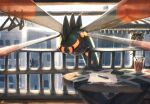  balcony bug commentary_request dragonfly drinking_straw ewokakukaede fangs highres insect_wings multiple_wings no_humans pokemon pokemon_(creature) pokemon_focus red_eyes table wings yanmega 