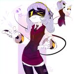  1girl absurdres alternate_costume alternate_hairstyle breasts commentary english_commentary grey_hair hairband highres humanoid_robot j_(murder_drones) joints looking_at_viewer low_twintails mechanical_arms medium_breasts murder_drones necktie robot sd_annii skirt smile twintails white_hair yellow_eyes 