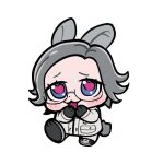  1boy animal_ears aotsuki_eito black_gloves blue_eyes chibi chibi_only full_body glasses gloves grey_hair hands_up heart heart-shaped_pupils highres hilee77872704 jacket looking_at_viewer male_focus pink_pupils pocket rabbit_boy rabbit_ears rabbit_tail semi-rimless_eyewear short_hair simple_background solo symbol-shaped_pupils tail the_hundred_line_-last_defense_academy- white_background white_jacket 