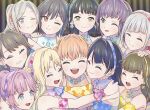  6+girls :d ;) ;d ^_^ absurdres anyoji_hime black_hair blonde_hair blue_dress blue_eyes blue_hair blue_hairband brown_hair ceras_yanagida_lilienfeld closed_eyes closed_mouth commentary_request dress fang flower-shaped_hair fujishima_megumi green_dress green_eyes green_hairband grey_hair grin group_hug hair_intakes hairband hand_on_another's_head highres hinoshita_kaho hug ima_kako_mirai_no_sangenshoku kachimachi_kosuzu katsuragi_izumi long_hair love_live! love_live!_hasu_no_sora_jogakuin_school_idol_club momose_ginko multiple_girls murano_sayaka myrain56991013 one_eye_closed open_mouth orange_eyes orange_hair osawa_rurino otomune_kozue pink_dress pink_hair pink_hairband ponytail purple_hair purple_hairband short_hair sidelocks smile split_mouth v-shaped_eyebrows virtual_youtuber yellow_dress yellow_hairband yugiri_tsuzuri 