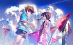  1boy 1girl absurdres amamiya_hibiya arm_at_side asahina_hiyori black_shirt black_shorts blue_eyes blue_shirt blue_sky brown_hair closed_mouth cloud cloudy_sky commentary contrail crying crying_with_eyes_open day dress dutch_angle feet_out_of_frame fern_(bhbtr) floating_clothes floating_hair from_below highres holding_hands hood hood_down hooded_vest hoodie kagerou_project light_particles long_hair low_twintails outdoors pinafore_dress pink_dress road_sign sad shirt short_hair short_sleeves shorts sign sky sleeveless sleeveless_dress standing tears three-quarter_sleeves twintails vest white_vest 