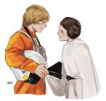  1boy 1girl blonde_hair brother_and_sister brown_hair closed_eyes donut_hair_bun dress foundlngs from_side hair_bun jumpsuit luke_skywalker orange_jumpsuit princess_leia siblings simple_background star_wars star_wars:_a_new_hope white_background white_dress 