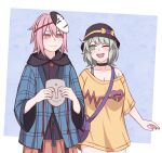  1boy 1girl :d ;d alternate_costume bag black_choker black_hat black_hoodie blue_shirt blush bottomless bow breasts choker cleavage commentary genderswap genderswap_(ftm) green_eyes green_hair hat hat_bow hata_no_kokoro heart heart_print highres holding holding_mask hood hoodie kiryuu_soma komeiji_koishi light_smile long_sleeves mask mask_on_head medium_breasts medium_hair naked_shirt noh_mask okina_mask one_eye_closed open_mouth pink_eyes pink_hair pink_shirt plaid_clothes plaid_shirt purple_bag shirt shoulder_bag smile touhou wide_sleeves yellow_bow yellow_shirt 