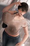  1girl absurdres aki-chan_(aruhi) aruhi_(aluhi0117) bag black_bra black_hair blush bra bra_visible_through_clothes breasts collarbone commentary_request denim hair_between_eyes handbag highres huge_breasts jeans lace-trimmed_bra lace_trim navel nipple_cutout open_mouth original outdoors pants rain see-through_clothes see-through_shirt shirt short_hair short_sleeves solo unaligned_breasts underwear wet wet_clothes wet_shirt 