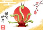  apple branch candy_apple closed_eyes closed_mouth colored_sclera colored_skin commentary_request ewokakukaede food fruit green_skin highres horns hydra hydrapple multiple_heads open_mouth pokemon pokemon_(creature) tail tongue wyrm yellow_sclera 
