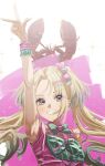  1girl 6th_live_dream_~bloom_garden_party~ :d aqua_bow aqua_bowtie arm_up armpits blonde_hair blue_eyes blue_hair bow bowtie commentary_request curtained_hair fang gradient_hair grin hair_bow highres hino_(hinonoq) lobster long_hair looking_at_viewer love_live! love_live!_hasu_no_sora_jogakuin_school_idol_club mijinko_transformation multicolored_hair osawa_rurino parted_bangs pink_background pink_bow pink_shirt shirt sleeveless sleeveless_shirt smile solo sparkle twintails virtual_youtuber w wawo!_(love_live!) 
