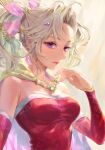  1girl blonde_hair breasts cape commentary_request detached_sleeves dress earrings final_fantasy final_fantasy_vi hair_bobbles hair_ornament hair_ribbon highres ibmiola jewelry long_hair looking_at_viewer medium_breasts parted_bangs parted_lips pink_ribbon ponytail purple_eyes red_dress red_sleeves ribbon sleeveless sleeveless_dress solo strapless strapless_dress terra_branford tube_dress upper_body wavy_hair white_trim yellow_cape 