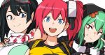  3girls aiba_ami akeikou black_hair blue_eyes breasts closed_mouth commentary_request digimon digimon_story:_cyber_sleuth digimon_story:_time_stranger digimon_world_re:digitize eyewear_on_head green_hair grin in-franchise_crossover large_breasts long_hair looking_at_viewer multiple_girls open_mouth red_hair shinomiya_rina short_hair side_ponytail smile teeth upper_teeth_only yuuki_kanan 
