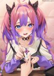  2girls absurdres amane_sora applying_manicure arm_warmers black_bra blue_eyes blue_nails blush bow bra bra_over_clothes choker clothing_cutout commentary_request cosmetics hair_bow hair_intakes highres hololive hololive_dev_is kikirara_vivi kikirara_vivi_(1st_costume) long_hair looking_at_viewer multicolored_hair multiple_girls nail_polish open_mouth pink_hair pink_nails purple_arm_warmers purple_hair shirt shoulder_cutout sweatdrop twintails twitter_username two-tone_hair underwear virtual_youtuber white_shirt 