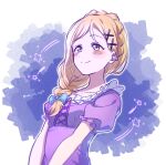  1girl blonde_hair bow braid breasts commentary_request crown_braid green_eyes hair_bow hair_ornament hair_over_shoulder love_live! love_live!_school_idol_festival_all_stars love_live!_sunshine!! official_alternate_costume official_alternate_hairstyle ohara_mari profile small_breasts smile solo star_(symbol) twitter_username upper_body wolf_ggwin x_hair_ornament 
