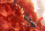  autumn_leaves bug commentary_request ewokakukaede flying highres insect_wings leaf multiple_wings no_humans pokemon pokemon_(creature) pokemon_focus red_eyes tree wings yanmega 